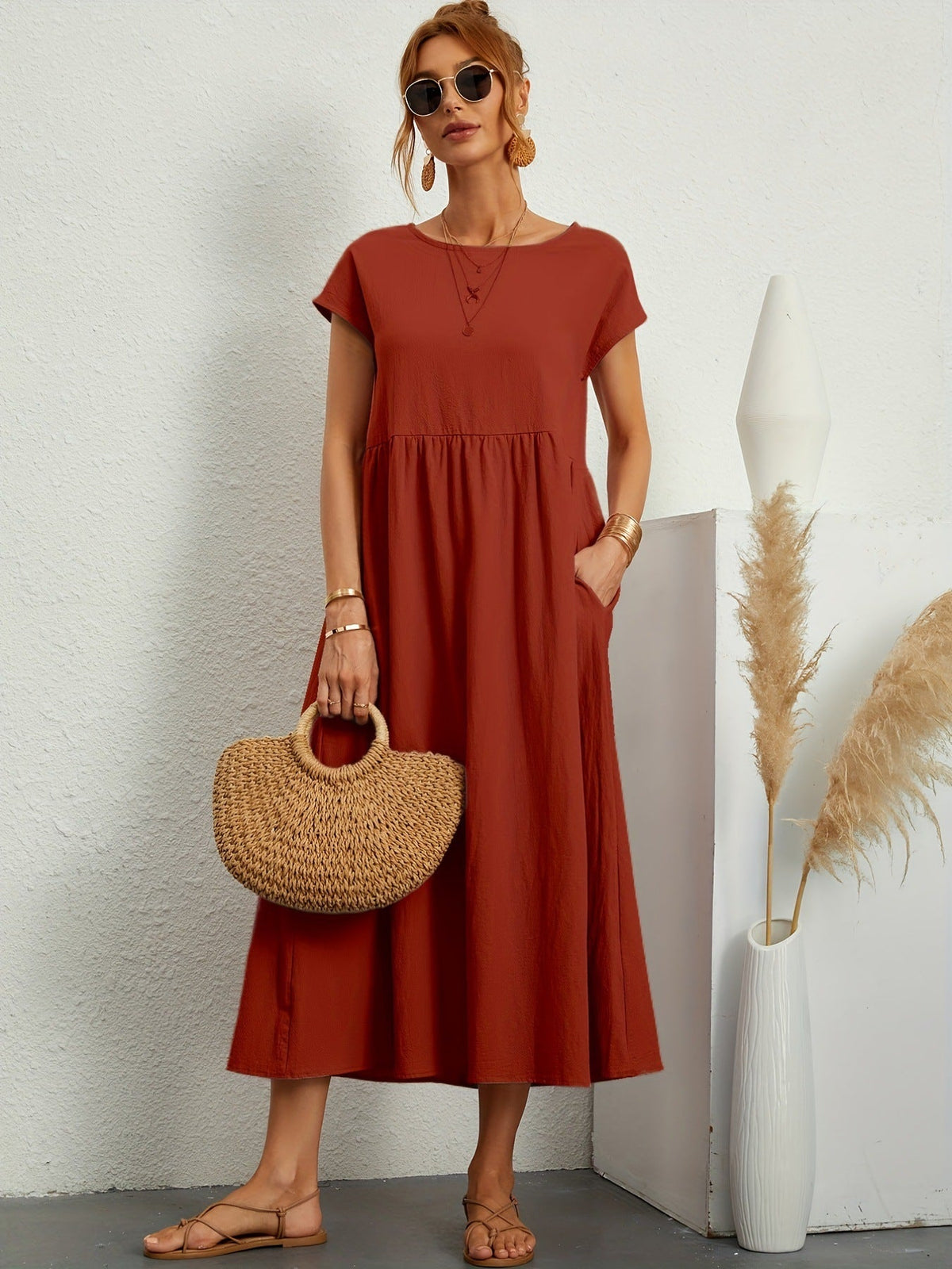 Robe Longue Fluide à Coupe Ample avec Poches