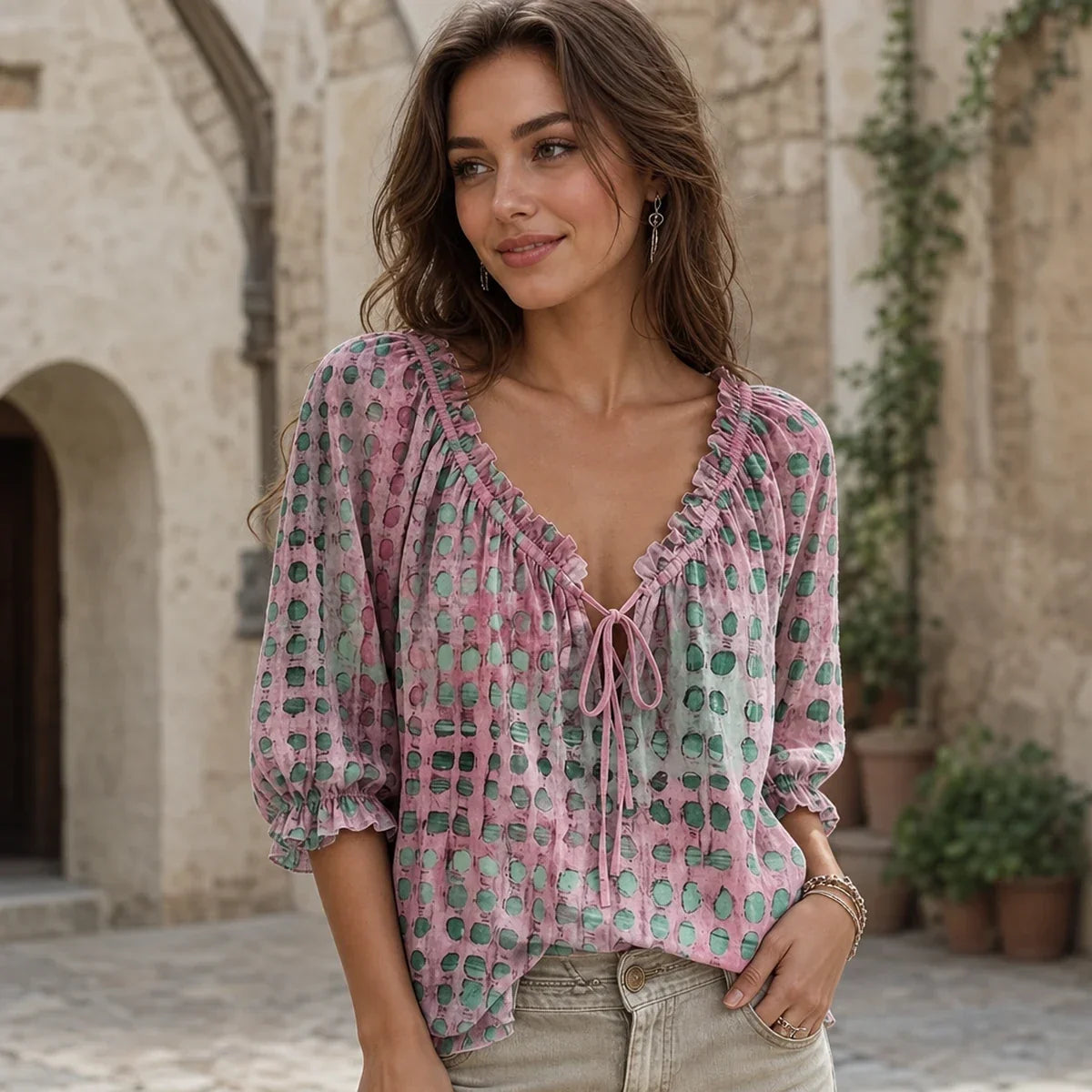 Polka-dot Ethnic-style Casual Chic Printed Shirt
