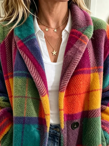 Vintage Rainbow Plaid Oversized Coat