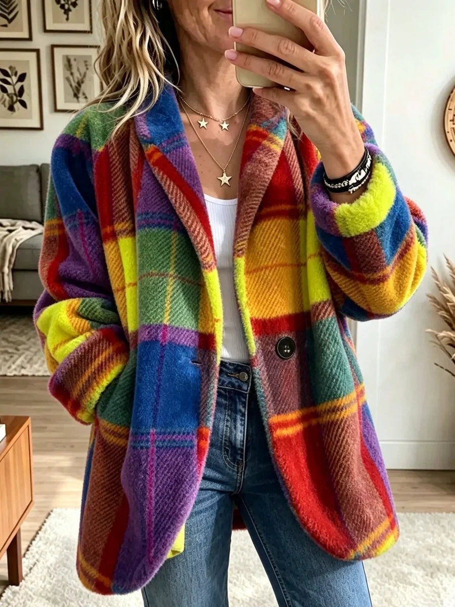 Vintage Rainbow Plaid Oversized Coat